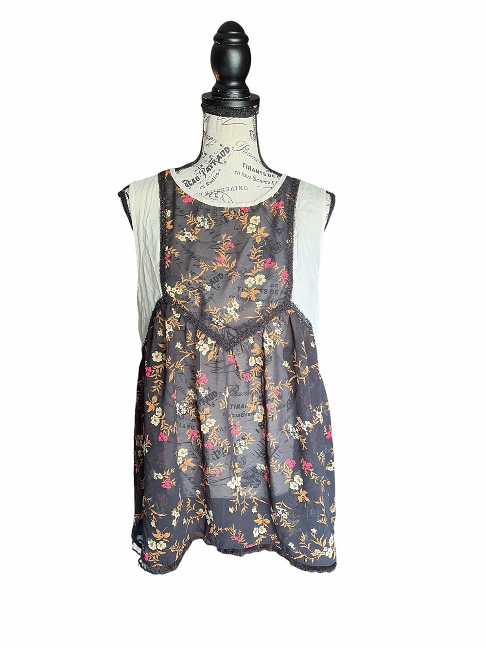 POL Floral Sheer Babydoll Tank Medium Black Cream Boho Cottagecore Lace Trim